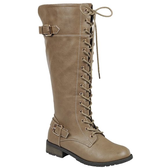 Women Knee High Lace Up Combat Boots Golden Buckle Taupe - Picture 1 of 1